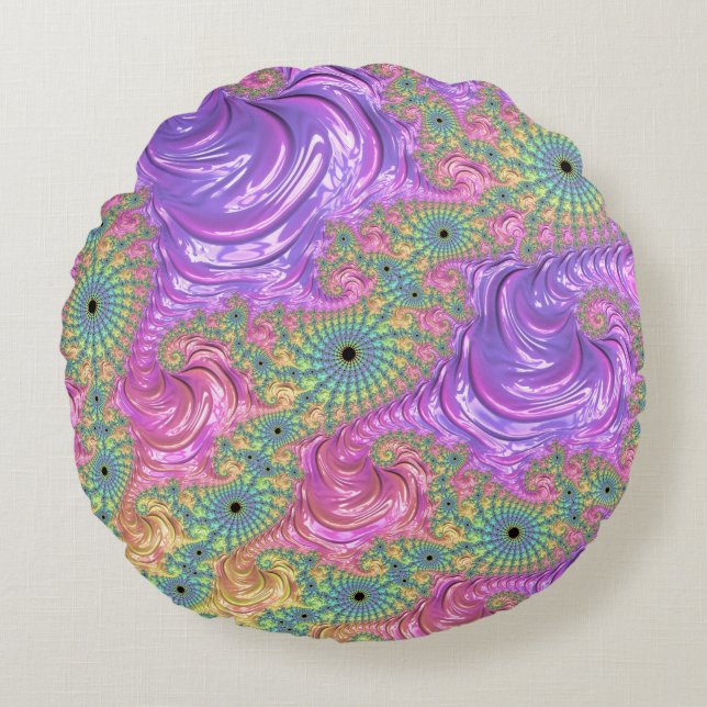 Groovy Trippy Boho Jewel Tone Rainbow Fractal Round Cushion (Front)