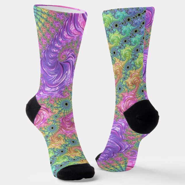 Groovy Trippy Boho Jewel Tone Rainbow Fractal Socks (Angled)