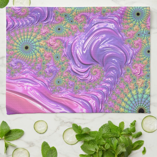 Groovy Trippy Boho Jewel Tone Rainbow Fractal Tea Towel (Folded)