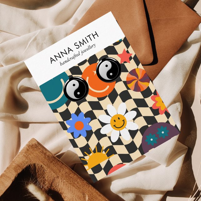 Groovy Trippy Retro Pattern Emoji Earring Display Business Card (Creator Uploaded)