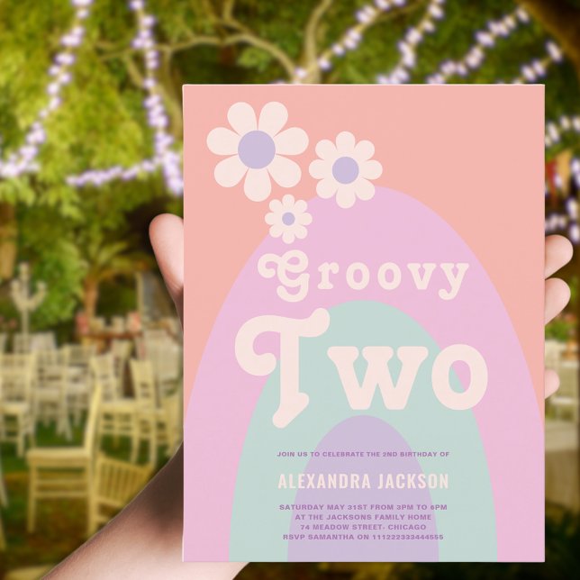 Groovy Two Daisy Arch 2nd Birthday Party Invitation Postcard (Groovy two pastel daisy arch 2nd birthday party budget invitation postcard)