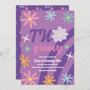 Groovy Two Floral First Birthday Retro Purple Invi Invitation
