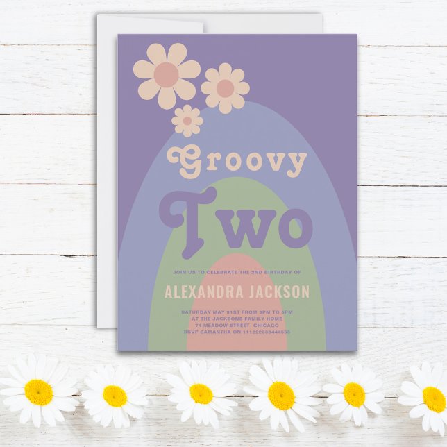 Groovy Two Retro 2nd Birthday Party Invitation (Groovy two retro daisy arch pastel 2nd birthday party budget invitation postcard purple pink blue)