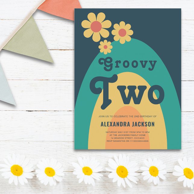 Groovy Two Retro Daisy 2nd Birthday Party Invitation Postcard (Groovy two retro daisy arch 2nd birthday party budget invitation postcard)
