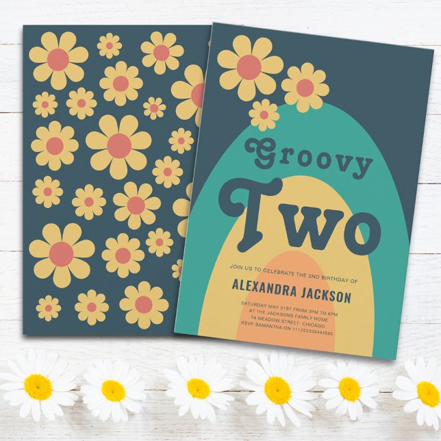 Groovy Two Retro Daisy Birthday Party Invitation (Groovy two retro boho 2nd birthday party invitation with hippie daisy arch)
