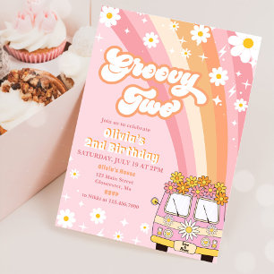 Groovy Two Retro Rainbow 2nd Birthday Invitation
