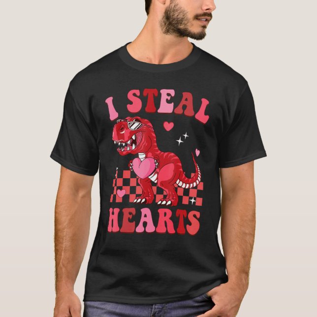 Groovy Valentine Day I Steal Hearts Dinosaur Coupl T-Shirt (Front)