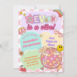 Groovy Vibe Retro Girl 7th Birthday Invitation