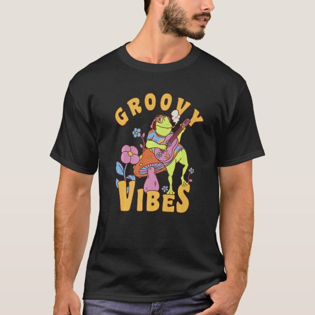 Groovy Vibes Retro Frog Playing Guitar Mushroom Fl T-Shirt (Front)