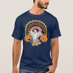 Groovy Vintage Floral Ghost Cute Halloween Rainbow T-Shirt