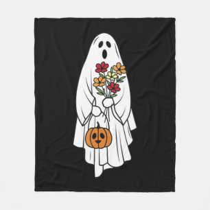 Groovy Vintage Floral Ghost Cute Halloween Spooky Fleece Blanket