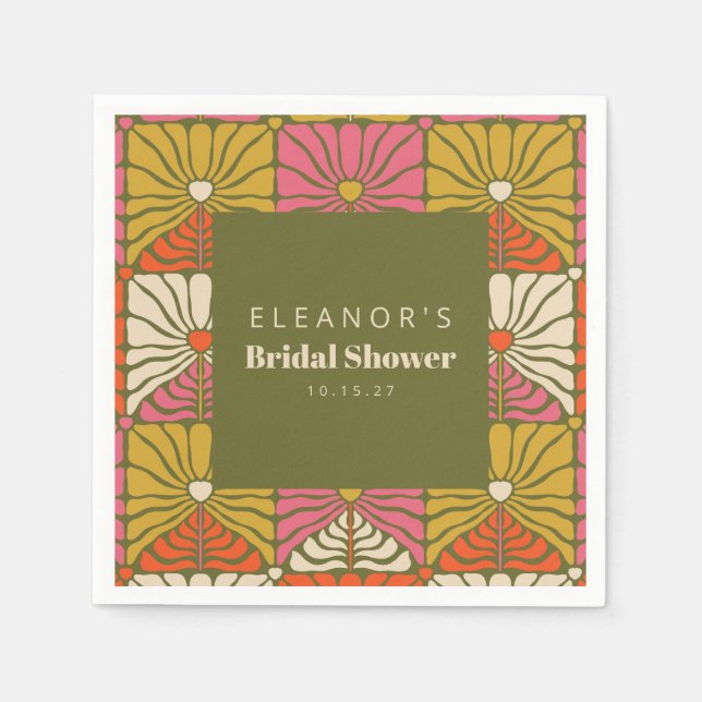 Groovy Vintage Green Floral Bridal Shower Custom Napkin (Front)
