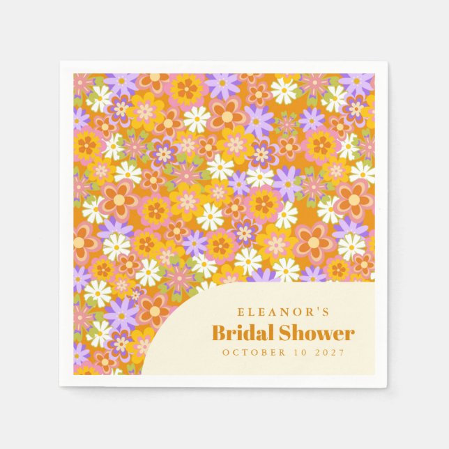 Groovy Vintage Orange Floral Bridal Shower Custom  Napkin (Front)