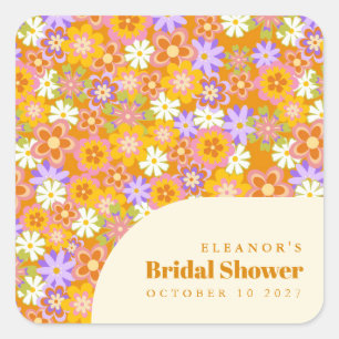 Groovy Vintage Orange Floral Bridal Shower Custom Square Sticker