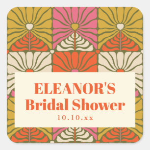 Groovy Vintage Orange Floral Bridal Shower Favour Square Sticker