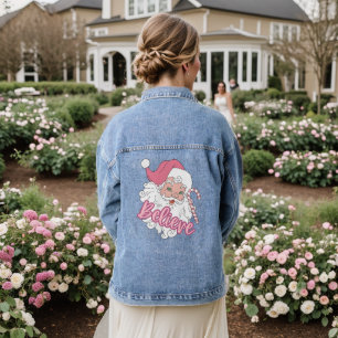 Groovy Vintage Pink Santa Claus Believe Christmas Denim Jacket