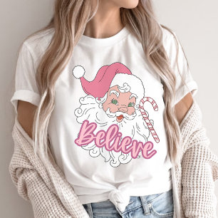 Groovy Vintage Pink Santa Claus Believe Christmas T-Shirt
