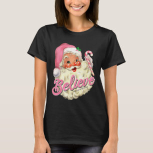Groovy Vintage Pink Santa Claus Believe Christmas T-Shirt