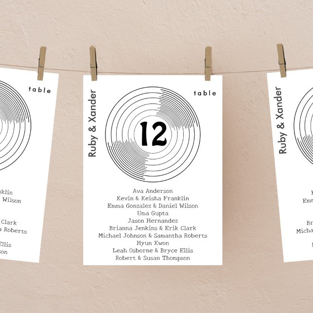 Groovy Vinyl Record Individual Table Seating Card (Groovy vinyl record black and white single table seating chart. )