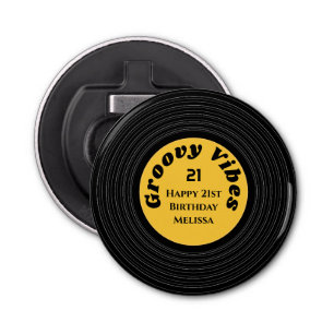 Groovy Vinyl Record Yellow Happy 21st Birthday Bottle Opener