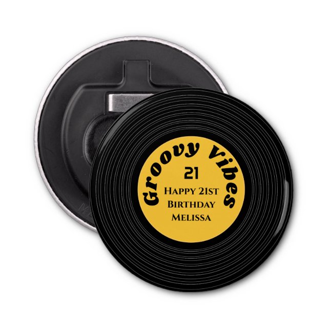 Groovy Vinyl Record Yellow Happy 21st Birthday Bottle Opener (Front)