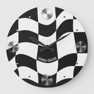 Groovy Wavy Black and White Chequered Large Clock
