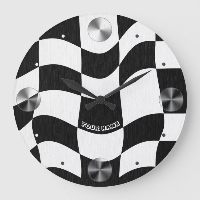 Groovy Wavy Black and White Chequered Large Clock (Front)