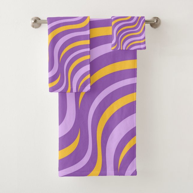 Groovy Wavy Stripe Purple Yellow Abstract Spring Bath Towel Set (Insitu)