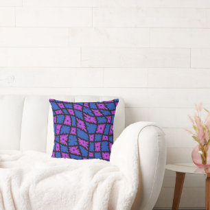 Groovy Wavy Trippy 60s Flower Checks Blue Pink Cushion