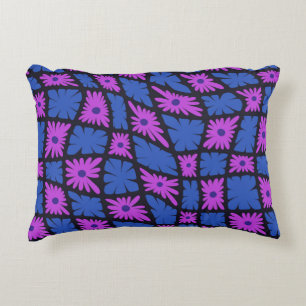 Groovy Wavy Trippy 60s Flower Checks Blue Pink Decorative Cushion