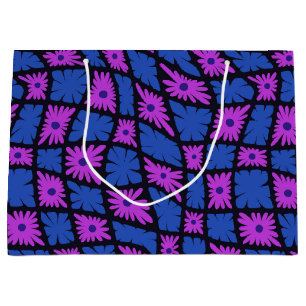 Groovy Wavy Trippy 60s Flower Checks Blue Pink Large Gift Bag