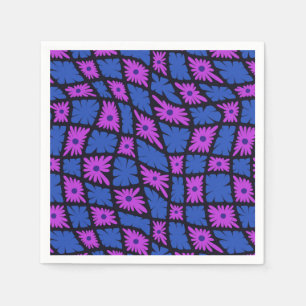 Groovy Wavy Trippy 60s Flower Checks Blue Pink Napkin