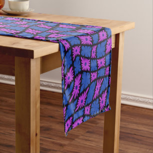 Groovy Wavy Trippy 60s Flower Checks Blue Pink Short Table Runner
