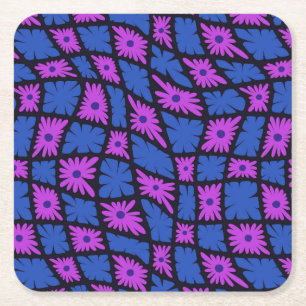 Groovy Wavy Trippy 60s Flower Checks Blue Pink Square Paper Coaster