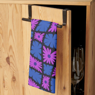 Groovy Wavy Trippy 60s Flower Checks Blue Pink Tea Towel