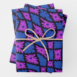 Groovy Wavy Trippy 60s Flower Checks Blue Pink Wrapping Paper Sheet