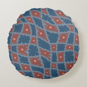 Groovy Wavy Trippy 60s Flower Checks Blue Red Round Cushion