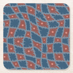 Groovy Wavy Trippy 60s Flower Checks Blue Red Square Paper Coaster