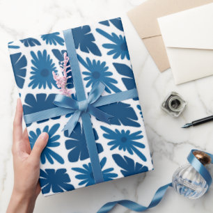 Groovy Wavy Trippy 60s Flower Checks Blues Wrapping Paper