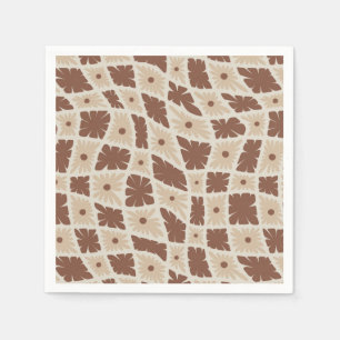 Groovy Wavy Trippy 60s Flower Checks Neutral Brown Napkin