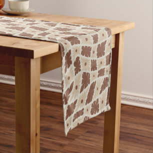 Groovy Wavy Trippy 60s Flower Checks Neutral Brown Short Table Runner