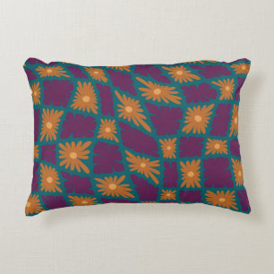 Groovy Wavy Trippy 60s Flower Checks Orange Pink Decorative Cushion