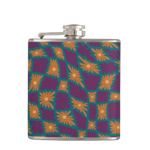 Groovy Wavy Trippy 60s Flower Checks Orange Pink Hip Flask