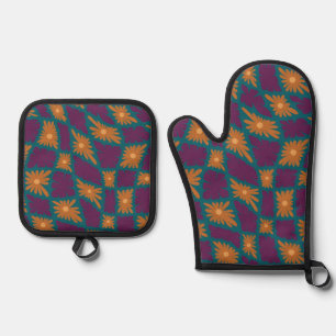 Groovy Wavy Trippy 60s Flower Checks Orange Pink Oven Mitt & Pot Holder Set