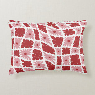 Groovy Wavy Trippy 60s Flower Checks Red Pink Decorative Cushion