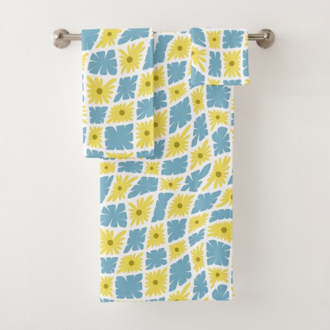 Groovy Wavy Trippy 60s Flower Checks Yellow Blue Bath Towel Set (Insitu)