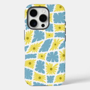 Groovy Wavy Trippy 60s Flower Checks Yellow Blue iPhone 16 Pro Case