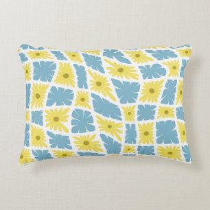 Groovy Wavy Trippy 60s Flower Checks Yellow Blue Decorative Cushion