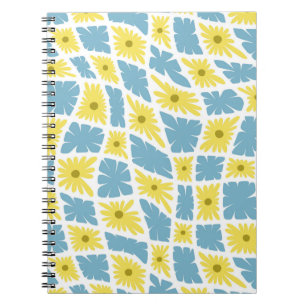 Groovy Wavy Trippy 60s Flower Checks Yellow Blue Notebook