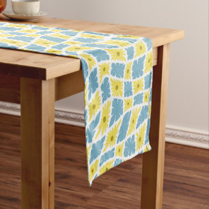 Groovy Wavy Trippy 60s Flower Checks Yellow Blue Short Table Runner